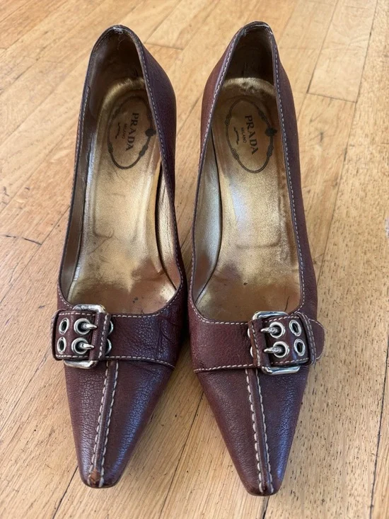 Prada Brown Pointed Toe Leather Buckle Pumps - Picture 2 of 5